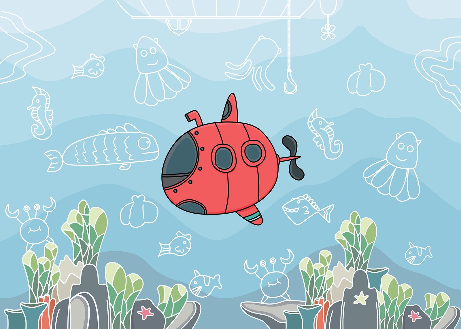 Детски Флис Фототапет  Water world Подводница, акварел